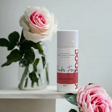 Introducing Powder Fresh Natural Deodorant made in Canada by The Old Soul Soap Company is scented with vanilla and rose.
