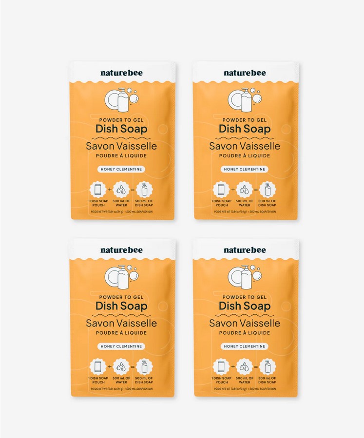 Nature Bee Honey Clementine Powder to Gel Dish Soap 4-Pack – Eco-Friendly Refillable Dish Soap Pouches