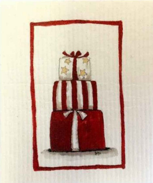 Compostable eco sponge cloth made of cellulose and featuring a charming artist's rendering of stacked gift boxes in primary hues of deep red on white with a traditional feel, replaces paper towel by absorbing 20x its weight in liquid. Size 20 x 17 cm