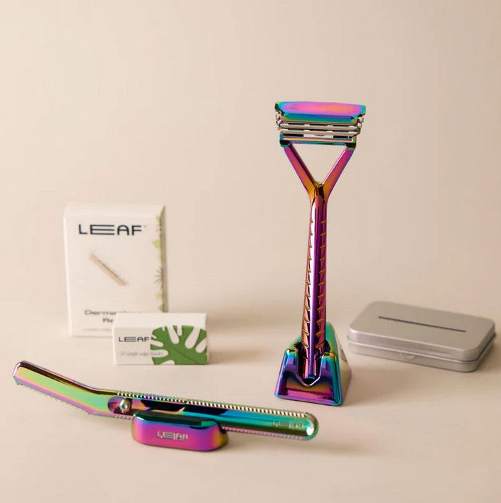 Leaf Face and Body Set Prism Kit – includes reusable safety razor, dermaplaner, blade refills, and metal recycling tin for sustainable skincare and shaving