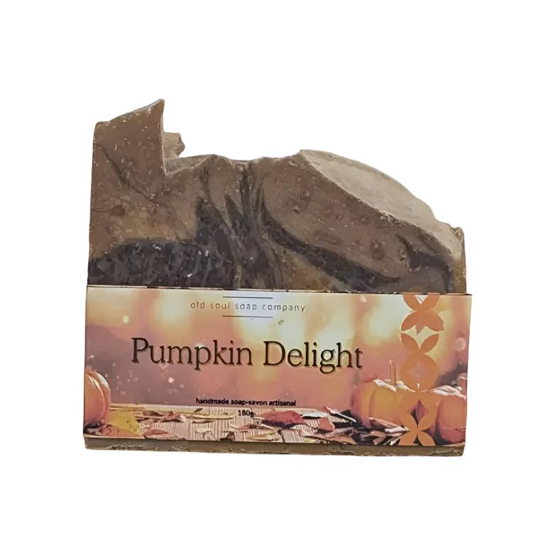 artisan top fragrance 180 g bar soap on a white background features a photo label with pumpkins and the words ' Pumpkin Delight'. The soap is on a white background.