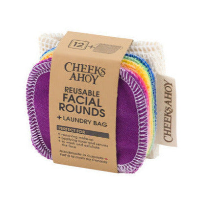 Reusable rainbow facial rounds with laundry bag by Cheeks Ahoy, handmade in Canada and packaged with kraft label