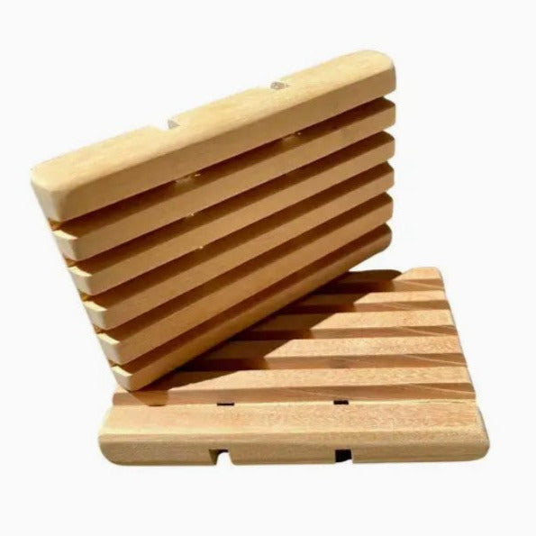 Reclaimed cedar wood soap dish with slatted design, handmade in Canada for eco-friendly storage of shampoo, conditioner, or soap bars
