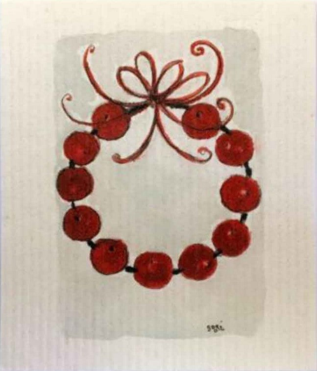 Compostable eco sponge cloth made of cellulose and features a rendering of a holiday wreath fashioned from berries in hues of deep red and burgandy, replaces paper towel by absorbing 20x its weight in liquid. Size 20 x 17 cm