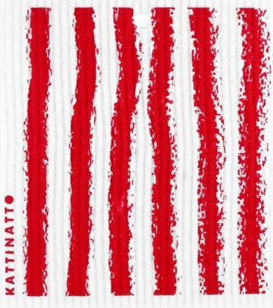 This earth-friendly sponge cloth features an artist rendering of red stripes on a white background