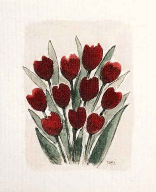 Compostable eco sponge cloth made of cellulose featuring a delightful rendering of red tulips, replaces paper towel by absorbing 20x its weight in liquid. Size 20 x 17 cm