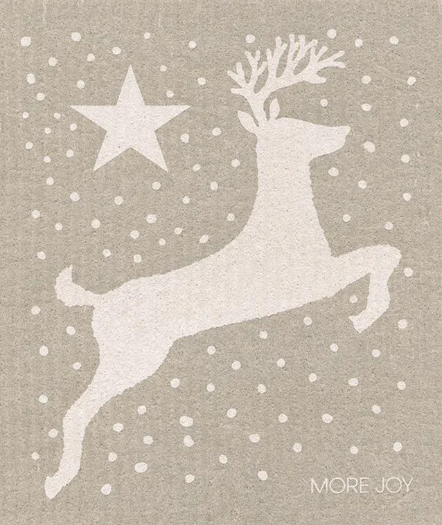 Add a decorative touch to your holiday cleaning routine with this Reindeer and Snowflakes Swedish Dishcloth by More Joy. It features a white reindeer, a white star and snowflakes on a grey background.