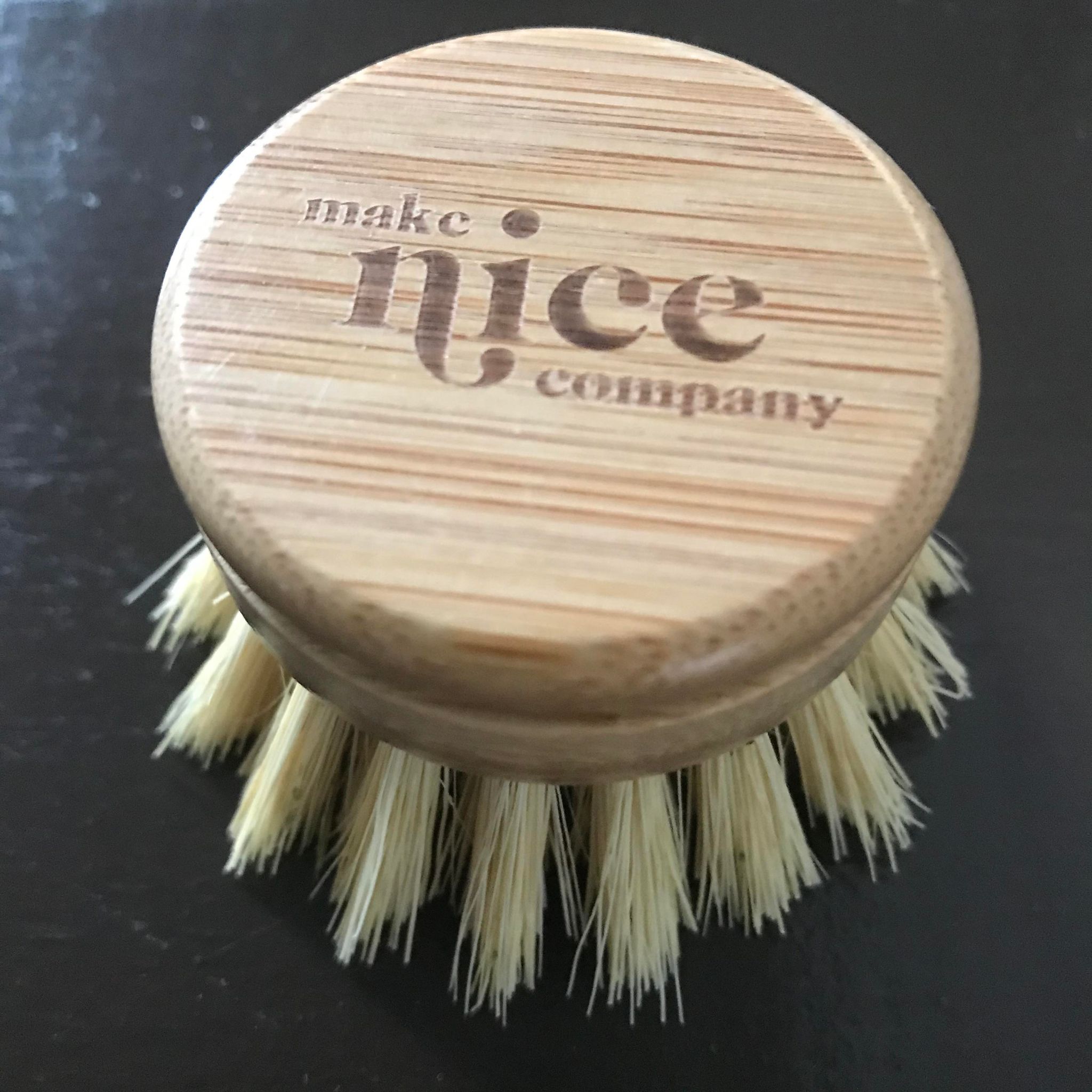 The bristles of this replacement head brush for the make nice dish soap kitchen brush are made of Tampico (from the Agave plant) and the handle is made of beechwood and metal.