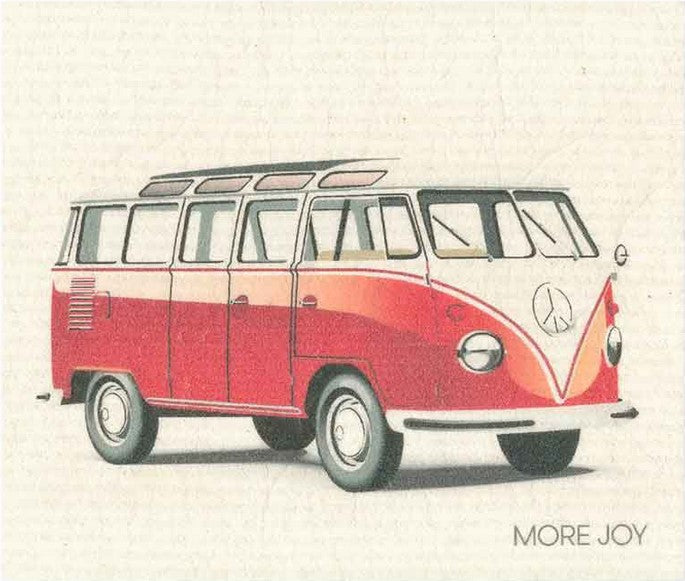 Compostable eco sponge cloth made of cellulose and features a red-and-white Volkswagen 'microbus' camper van on a white background replaces paper towel by absorbing 20x its weight in liquid. Size 20 x 17 cm