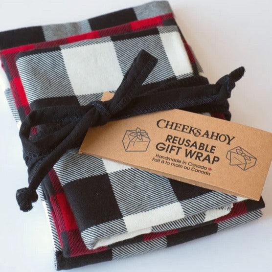 Set of 3 sheets of plaid cotton flannel gift wrap handmade in Canada by Cheeks Ahoy