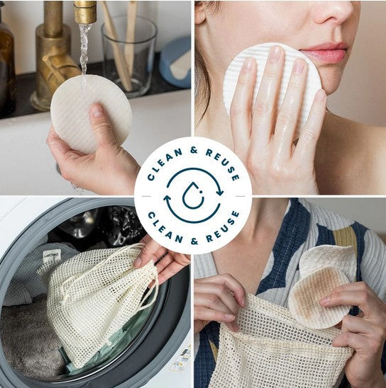 Large white LastRound reusuable and compostable makeup remover pads how to demonstration of four photos which includes wetting with water, using to wash face, inserting dirty pads in a mesh laundry bag and tossing into a washing machine 