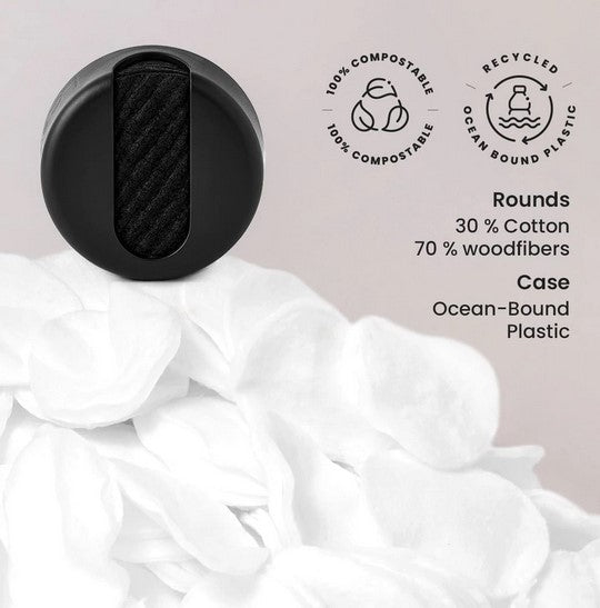 Compostable LastRound Pro black makeup remover pads in a black case made with recycled ocean bound plastic sits on top of a bunch of white cotton rounds
