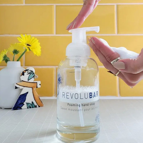 This Revolubar Foaming Hand Soap Starter Kit features one refillable glass foaming hand soap pump and three refill tables (1 of each scent).