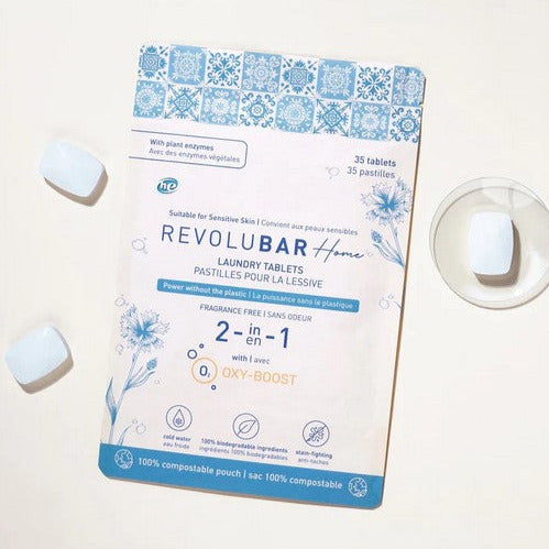 Each package of Canadian made Revolubar Laundry Detergent includes 35 laundry tablets that come in a 100% compostable pouch (made from corn starch).