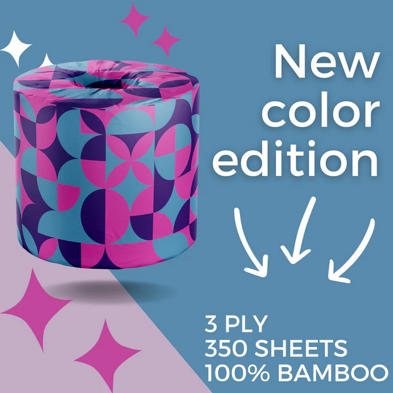 New colorful edition bamboo toilet paper roll wrapped in purple, pink, and blue geometric design – 3 ply, 350 sheets, sustainable and tree-free.