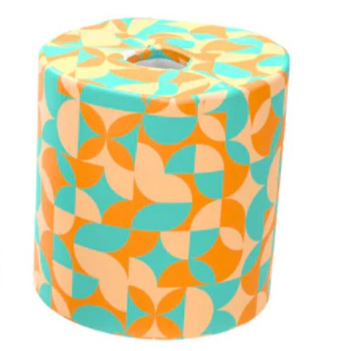 Sustainable bamboo toilet paper roll wrapped in teal, orange, and cream retro geometric design – plastic-free and stylish.