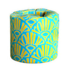 Eco-friendly bamboo toilet paper roll with bright blue yellow roll up abstract wrap design – sustainable and stylish plastic-free option.