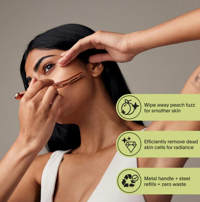 Woman using Leaf Rose Gold Dermaplaner – smooths skin by removing dead cells and facial hair with zero-waste refills