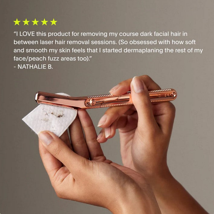 Customer using Leaf Rose Gold Dermaplaner with glowing review for removing coarse facial hair and peach fuzz