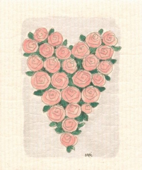 Compostable eco sponge cloth made of cellulose and featuring a delightful motif of pink rose blooms and greenery in the shape of a heart, replaces paper towel by absorbing 20x its weight in liquid. Size 20 x 17 cm