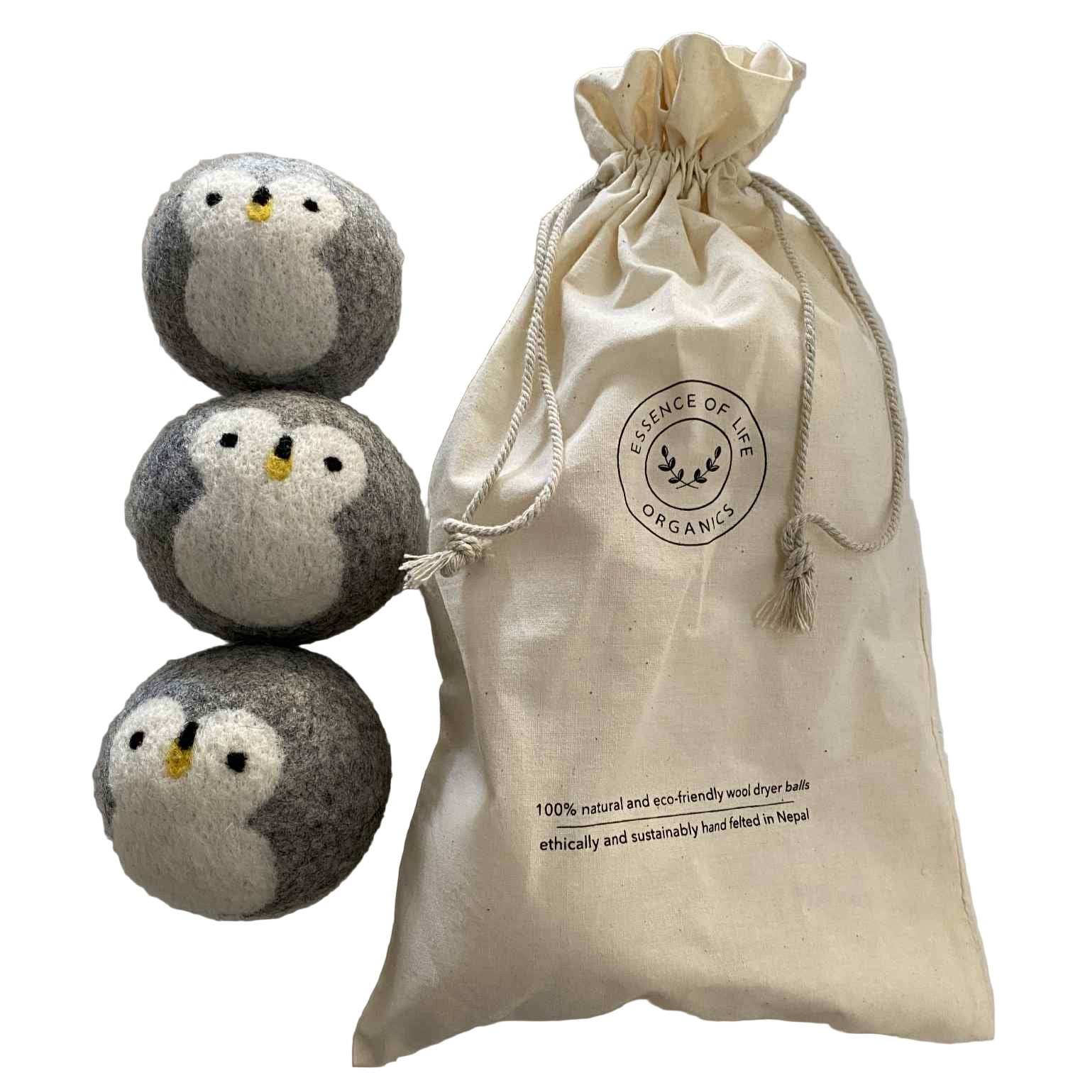 Set of 3 penguin wool dryer balls with reusable cotton bag | eco-friendly laundry essentials