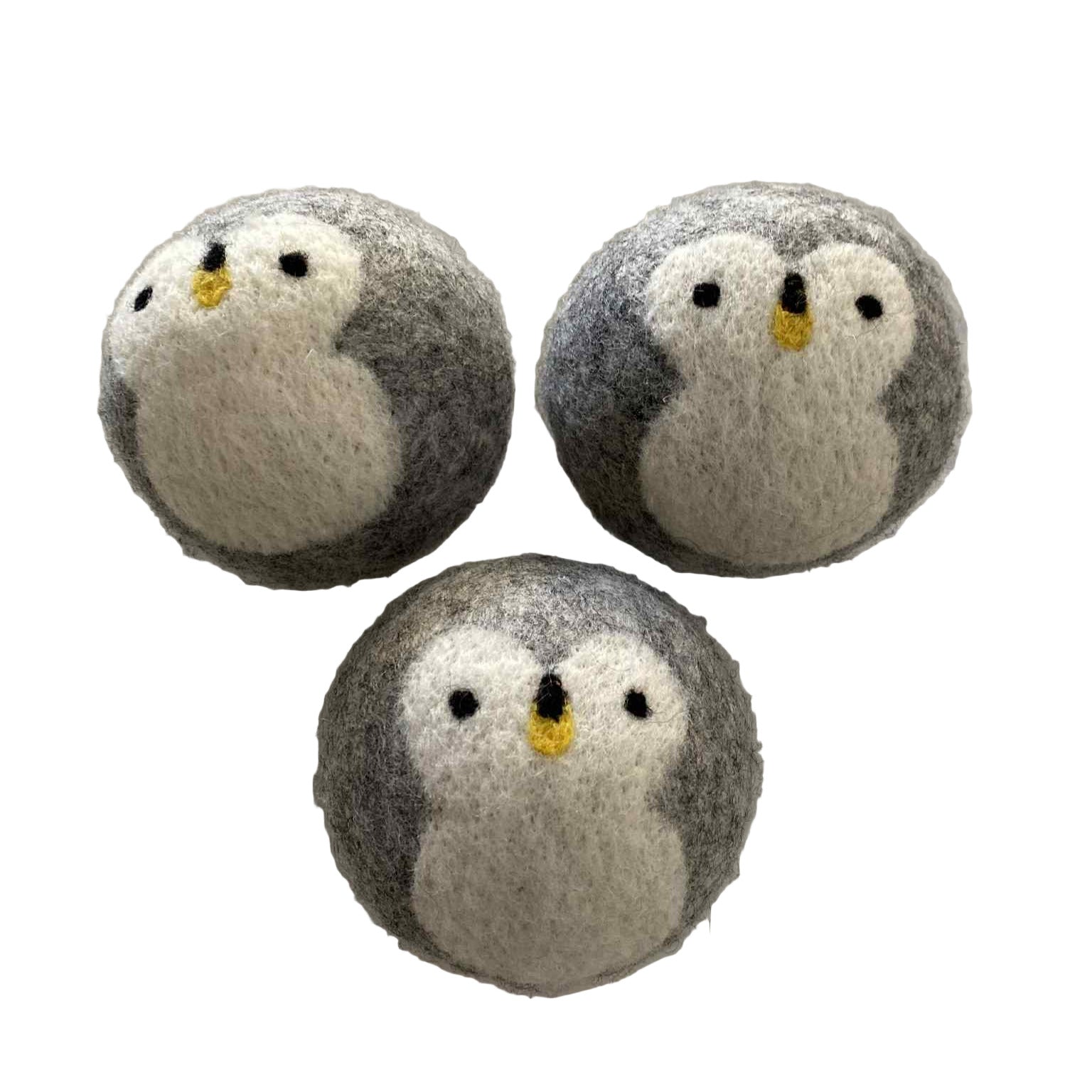 Set of 3 organic wool dryer balls with penguin design | plastic-free laundry solution