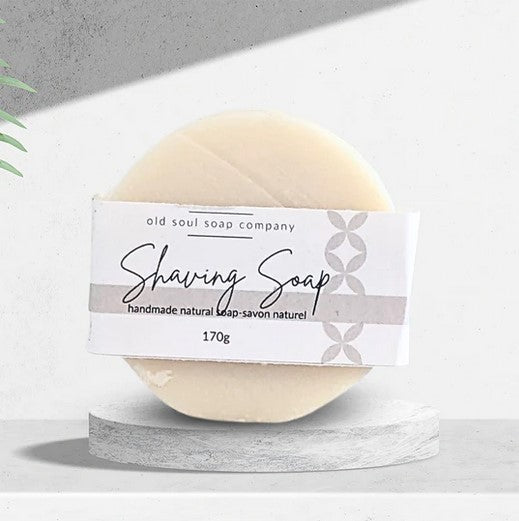 old soul soap company round vegan shaving soap made in canada featuring a blend of eucalyptus lavender and peppermint essential oils
