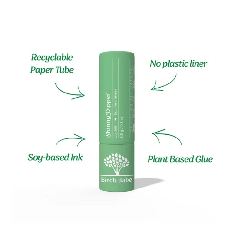 Recyclable paper tube with no plastic liner made with soy-based ink and plant based glue