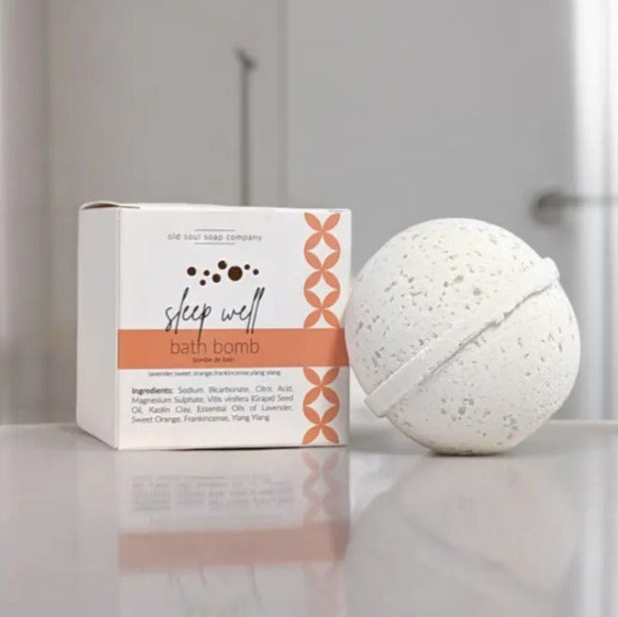 Sleep Well Bath Bomb by Old Soul Soap Company – Canadian-made vegan bath bomb with sweet orange, lavender, frankincense, and ylang ylang essential oils