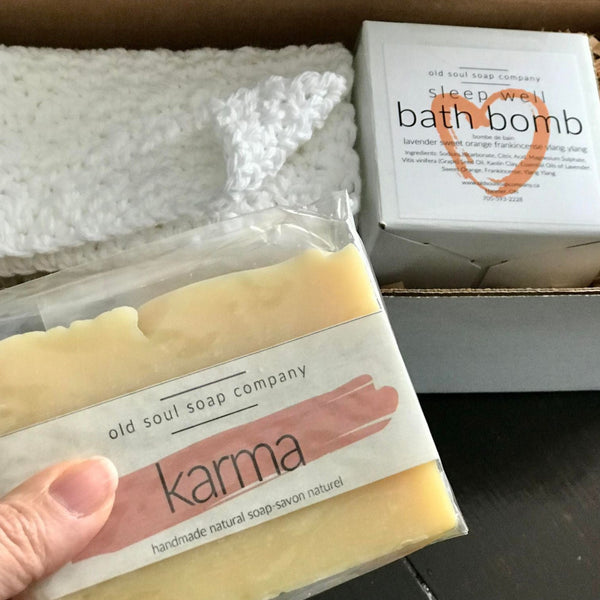 This sleep well gift box features three Canadian made products - white crocheted spa cloth, a handcrafted karma vegan soap and a sleep well bath bomb from the Old Soul Soap Company