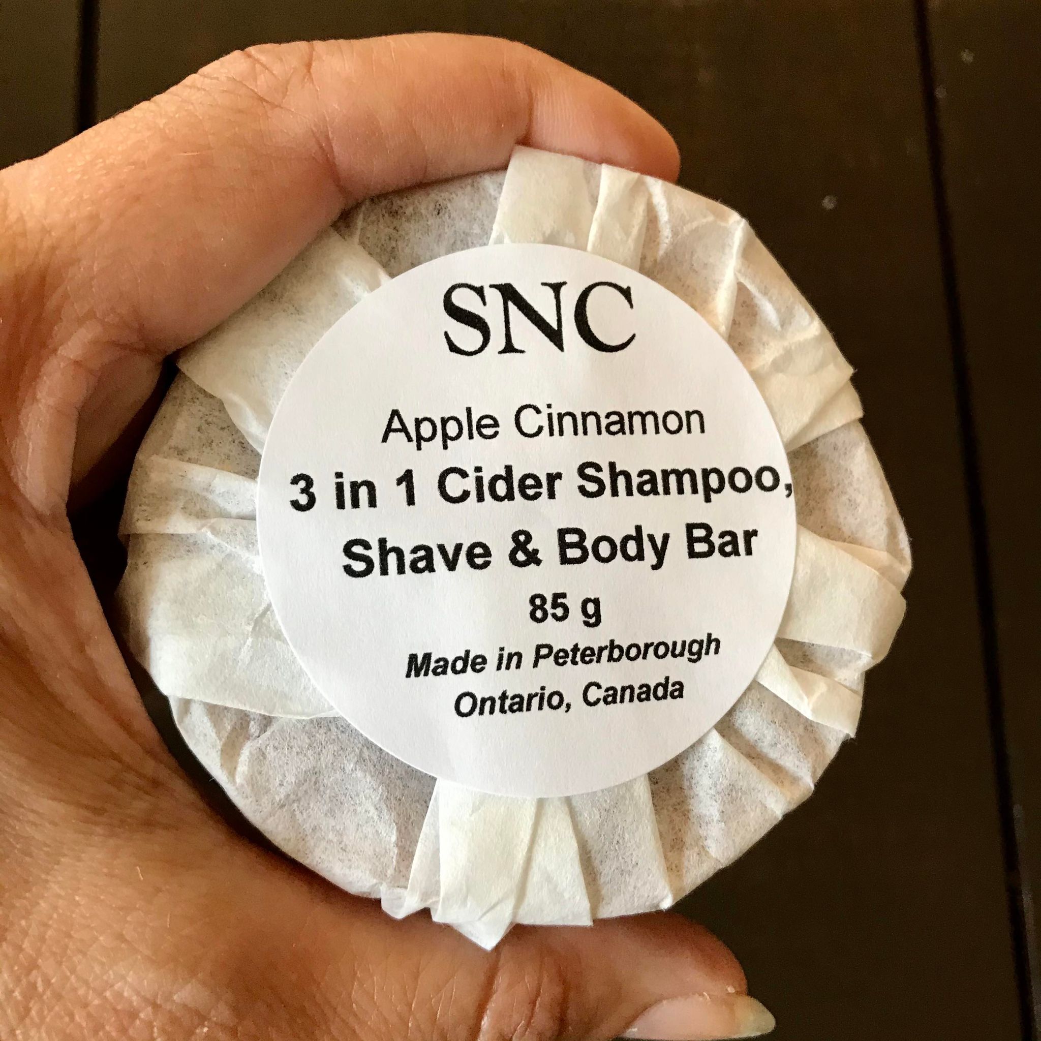 SNC apple cinnamon vegan shampoo, shave and body bar is handcrafted in Canada in small batches and is enhanced with craft apple cider (Kawartha Country Wines) and organic apple cider vinegar making it especially ideal for anyone who tends have oily hair.