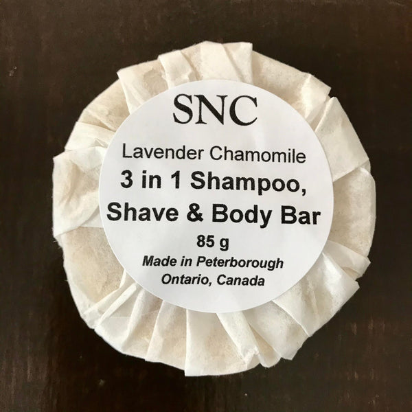 This 2.5 inch round vegan lavender chamomile shampoo shave and body bar handcrafted in Canada in small batches lathers well, gently cleanses and rinses clean