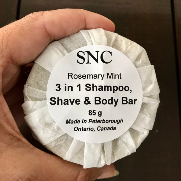 This Rosemary Mint 3 in 1 Bar is essentially your shampoo, shave and body soap rolled into one