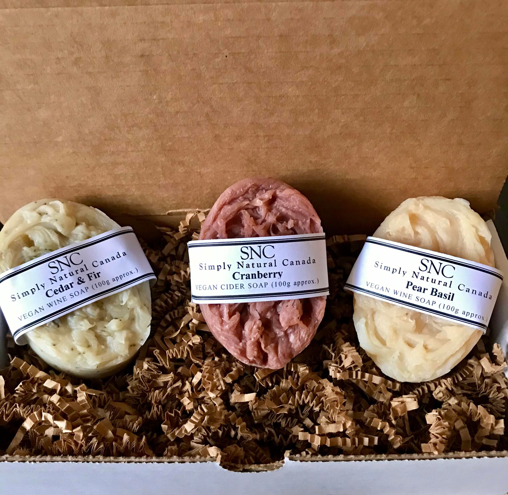 This SNC Seasonal Soap Trio features three of our most popular Simply Natural Canada seasonal Canadian made oval soaps - Cider & Fir Wine Soap, Cranberry Cider Soap and Pear Basil Wine Soap in a gift box.