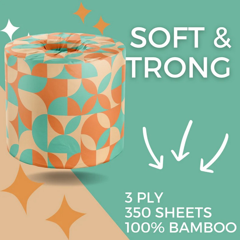 Soft and strong bamboo toilet paper roll with teal and orange geometric wrap – 3 ply, 350 sheets, eco-friendly and plastic-free bathroom essential.