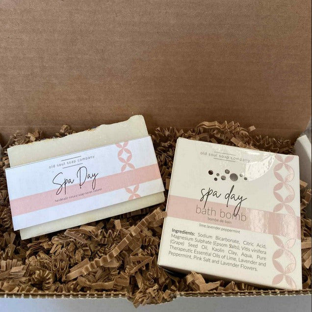 Canadian-made Spa Day Gift Box with artisan soap and bath bomb by Old Soul Soap Company, handcrafted with lavender, lime, and peppermint essential oils