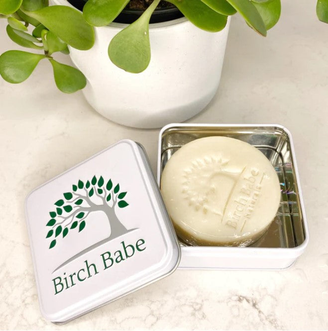 Birch Babe reusable aluminum travel tin with botanical body bar