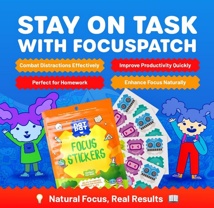 NatPat FocusPatch stickers for kids – stay on task, improve productivity, combat distractions, and enhance focus naturally