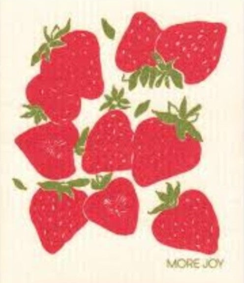 Compostable eco sponge cloth made of cellulose and cotton featuring a brightly-coloured strawberry motif replaces paper towel by absorbing 20x its weight in liquid. Size 20 x 17 cm