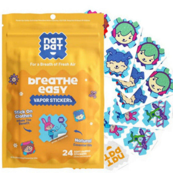 NATPAT StuffyPatch Breathe Easy Vapor Stickers package with colorful essential oil stickers for natural congestion relief