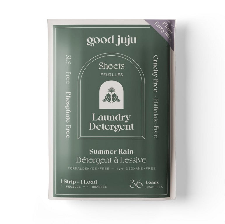 Canadian made Good Juju summer rain 36 load laundry detergent sheets in compostable packaging
