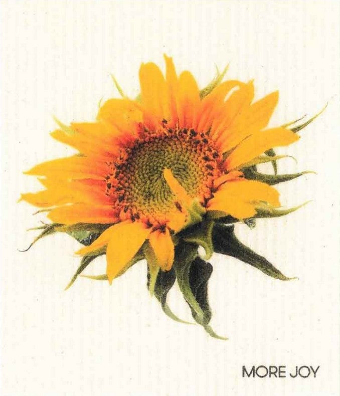 Compostable eco sponge cloth made of cellulose and featuring a stunning sunflower bloom against a white background and replaces paper towel by absorbing 20x its weight in liquid. Size 20 x 17 cm