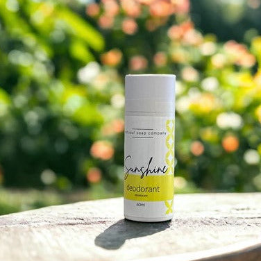 Introducing Sunshine Natural Deodorant made in Canada by The Old Soul Soap Company which is scented with lemongrass, sweet orange and peppermint essential oils.