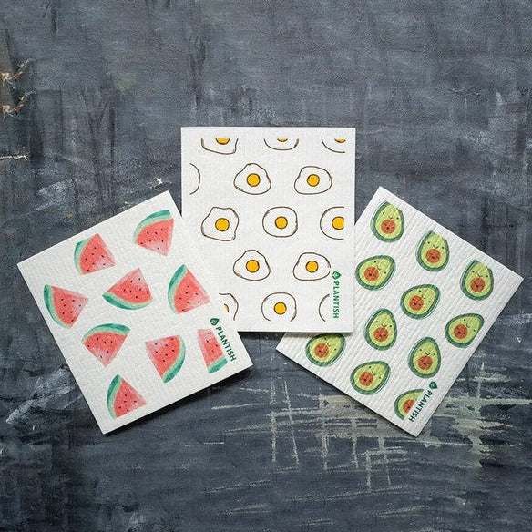 Kitchen cleaning can be fun and easy with this Plantish Swedish dishcloth set of 3 featuring one of each - watermelon, egg and avocado patterns. This plant-based sponge cloth can absorb up to 3/4 of a cup of liquids, it's perfect to clean up water and tea spills, dry dishes and pots, as well as wipe countertops and other surfaces.