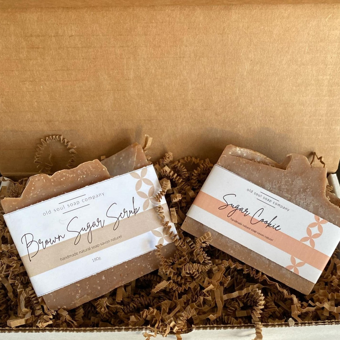 Sweet Soap Gift Set featuring Brown Sugar Scrub and Sugar Cookie handcrafted soaps by Old Soul Soap Company, packaged in eco-friendly gift box – Canadian-made vegan skincare gift.