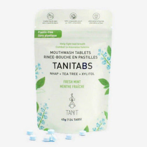 Canadian made Tanitabs Fresh Mint Mouthwash Tablets in 2-month compostable pouch – plastic-free and fluoride-free oral care with NHAP, tea tree, and xylitol on a white background