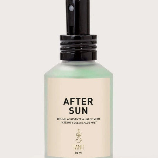 This 60 ml instant cooling after sun aloe mist  made in Canada by Tanit Botanics comes in a glass bottle with an aluminum sprayer