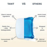 Tanit laundry tablets offer a concentrated plastic free clean full of natural ingredients that are biodegradable vs brands with harsh and toxic chemicals wrapped in plastic offering minimal performance.