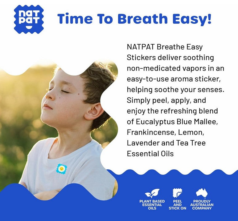 NATPAT Breathe Easy Vapor Stickers benefits graphic highlighting natural essential oils for soothing congestion relief