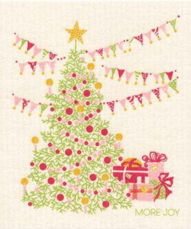 Compostable eco sponge cloth made of cellulose and features a charming artist's rendering of a holiday tree with splashes of colour, replaces paper towel by absorbing 20x its weight in liquid. Size 20 x 17 cm